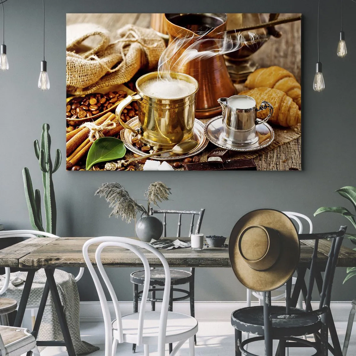 Quadro su tela - Stampe su Tela - Una tazza di caffè dorata circondata da chicchi, brocche e croissant - 70x50cm - Buona giornata! - Decorazione murale moderna per soggiorno e camera da letto ARTTOR