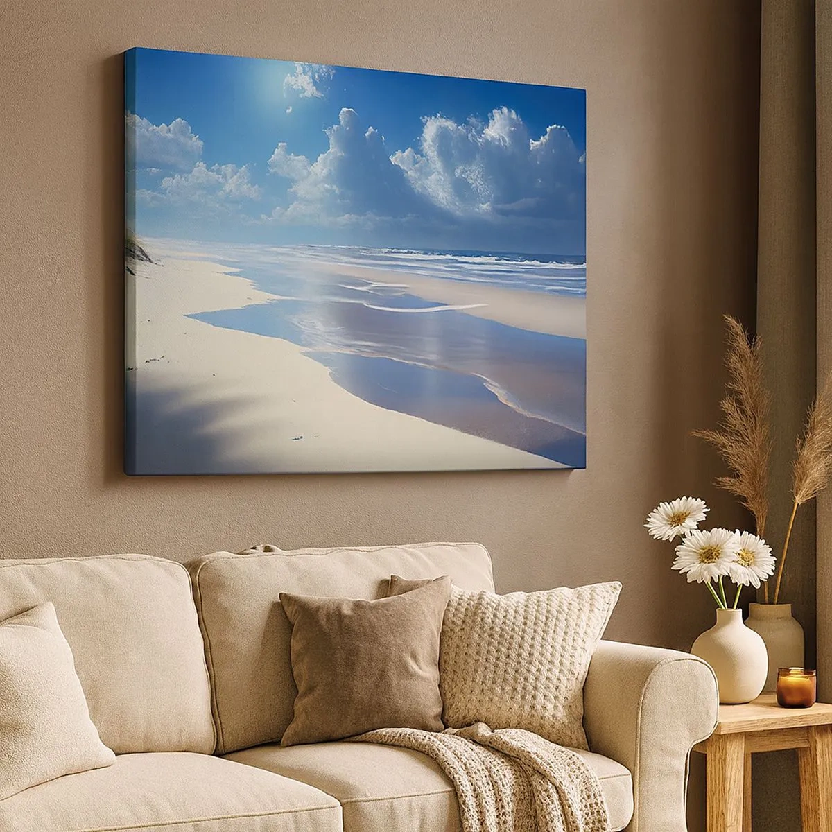 Quadro su tela - Stampe su Tela - Una spiaggia sabbiosa con onde sotto un cielo azzurro - 70x50cm - Vacanze in paradiso - Decorazione murale moderna per soggiorno e camera da letto ARTTOR