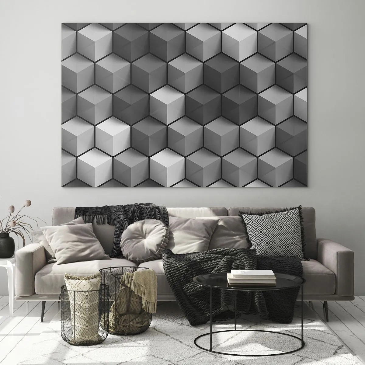 Quadro su vetro - Cubi geometrici in tonalità di grigio - 70x50cm - Puzzle cubista - Decorazione murale moderna per soggiorno e camera da letto ARTTOR