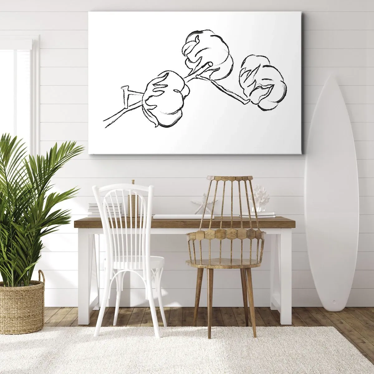 Quadro su tela - Stampe su Tela - Un delicato contorno di un ramo di cotone su uno sfondo bianco - 70x50cm - Piumino di cotone - Decorazione murale moderna per soggiorno e camera da letto ARTTOR