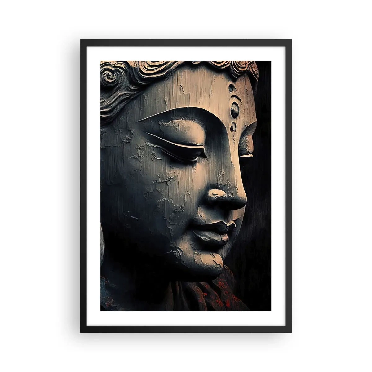 Poster in cornice nera - Primo piano di una scultura del Buddha in luce calda - 50x70cm - In armonia con il mondo - Decorazione murale moderna per soggiorno e camera da letto ARTTOR