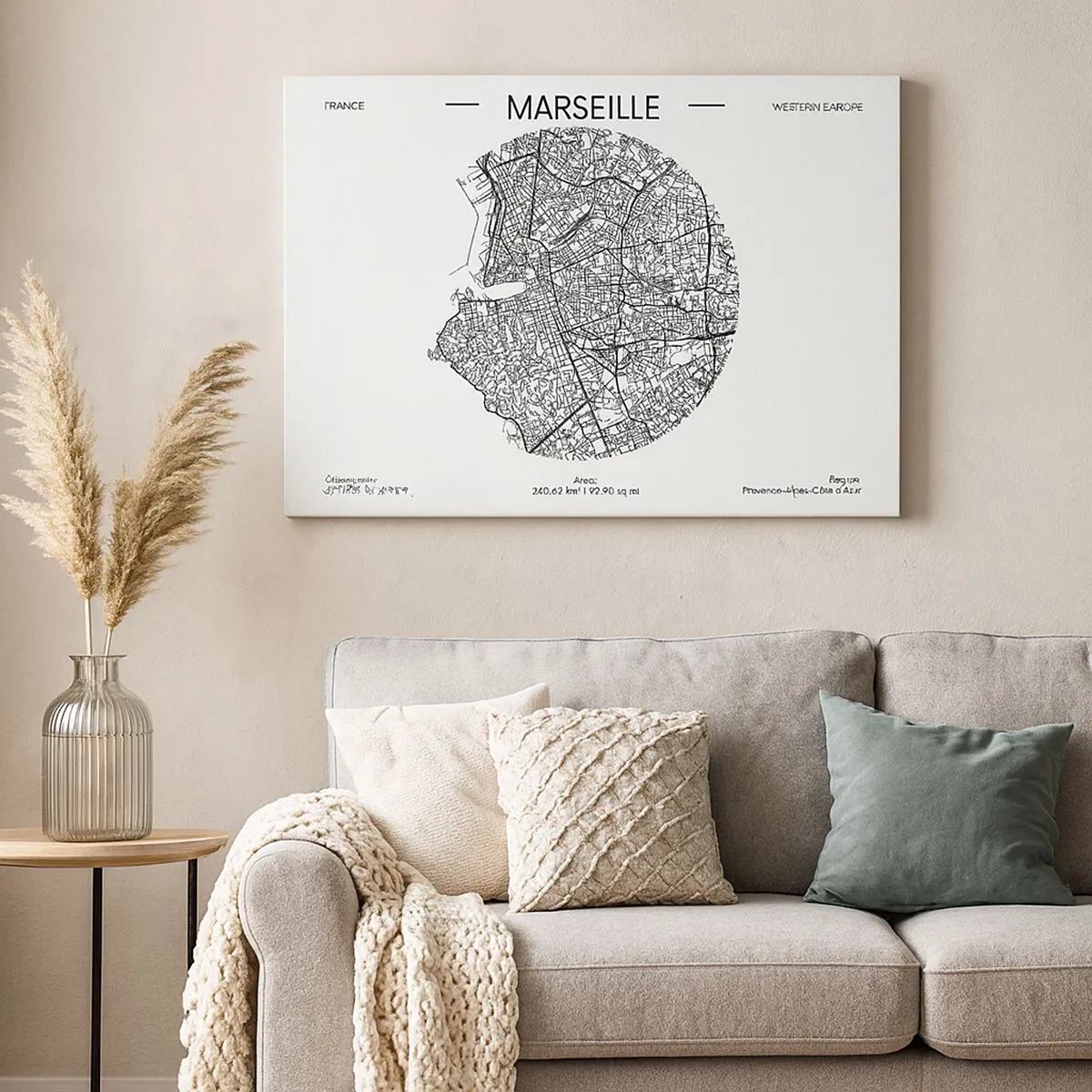 Quadro su tela - Stampe su Tela - Mappa di Marsiglia in stile minimalista - 70x50cm - Anatomia di Marsiglia - Decorazione murale moderna per soggiorno e camera da letto ARTTOR