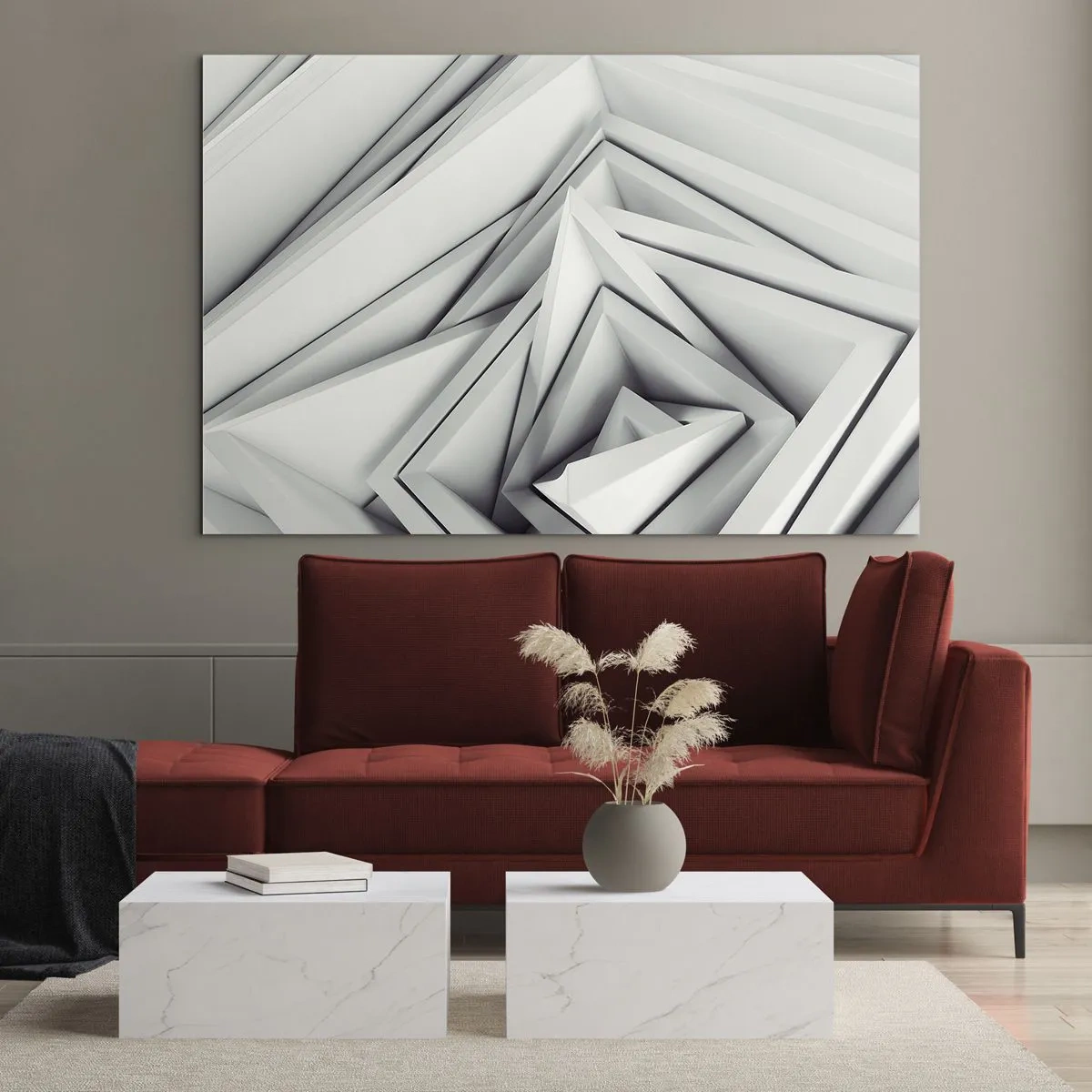 Quadro su vetro - Forme geometriche tridimensionali in tonalità di grigio - 70x50cm - Germogli spigolosi - Decorazione murale moderna per soggiorno e camera da letto ARTTOR