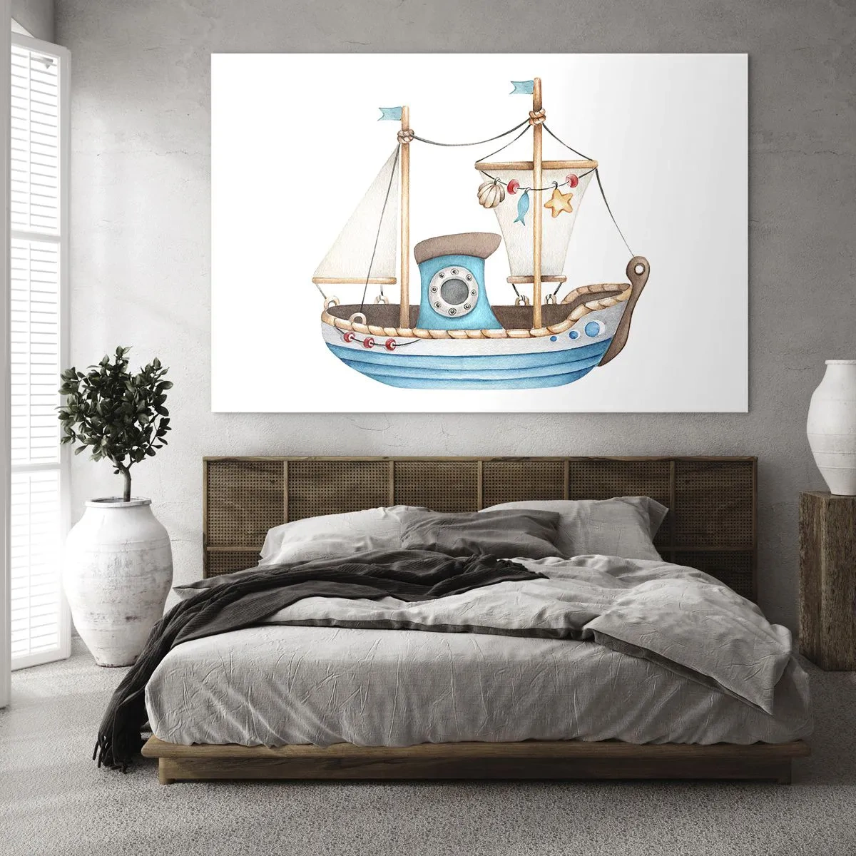 Quadro su vetro - Illustrazione di una nave per bambini su sfondo bianco - 70x50cm - Benvenuta avventura! - Decorazione murale moderna per soggiorno e camera da letto ARTTOR