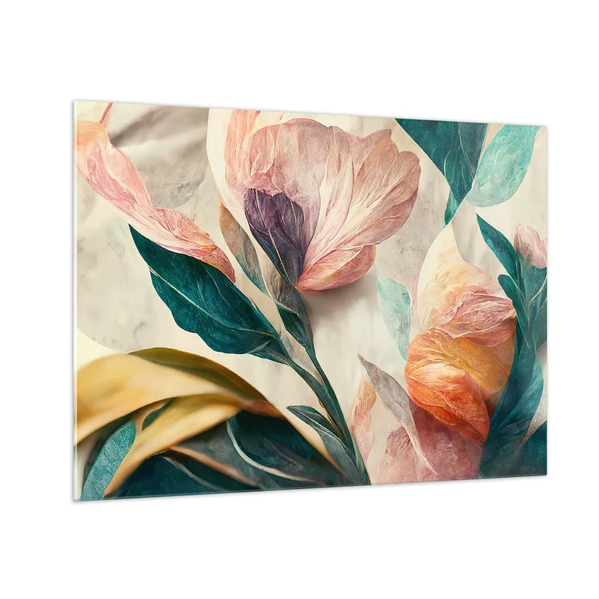 Quadro su vetro - Fiori e foglie esotici in colori pastello in stile botanico - 70x50cm - I fiori delle isole del sud - Decorazione murale moderna per soggiorno e camera da letto ARTTOR