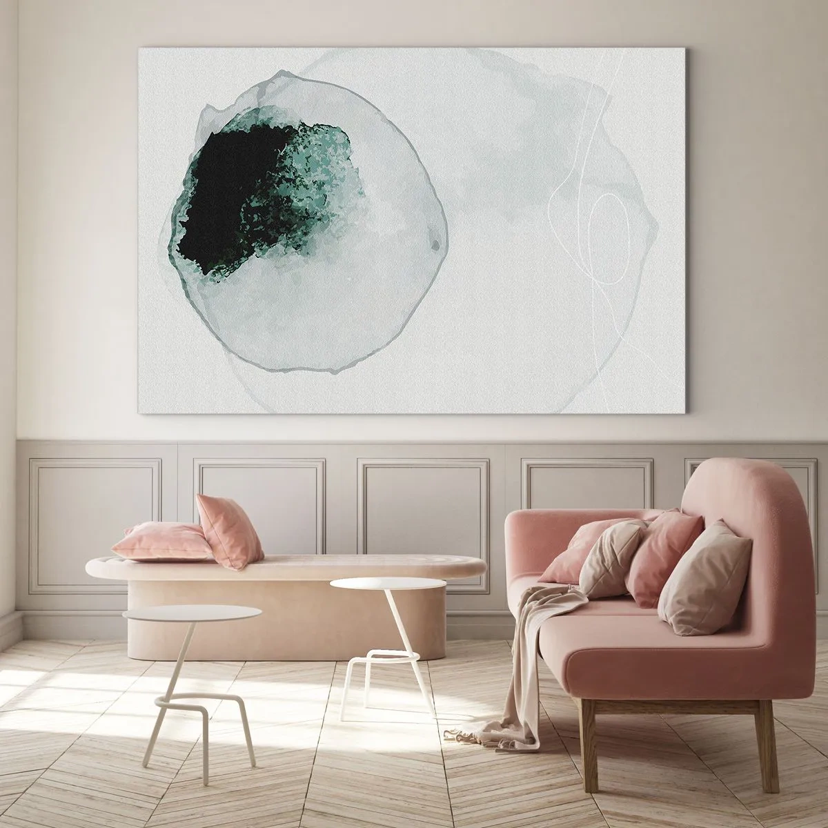 Quadro su vetro - Una forma astratta che ricorda una goccia d'acqua nelle sfumature del verde. - 70x50cm - In una goccia d'acqua - Decorazione murale moderna per soggiorno e camera da letto ARTTOR