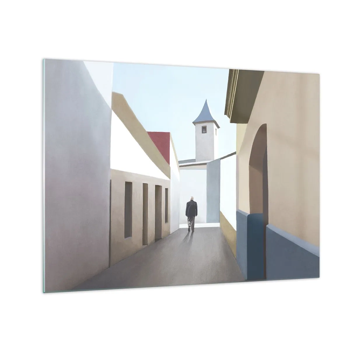 Quadro su vetro - Una strada al sole con una figura che cammina in lontananza - 70x50cm - Passeggiata assolata - Decorazione murale moderna per soggiorno e camera da letto ARTTOR