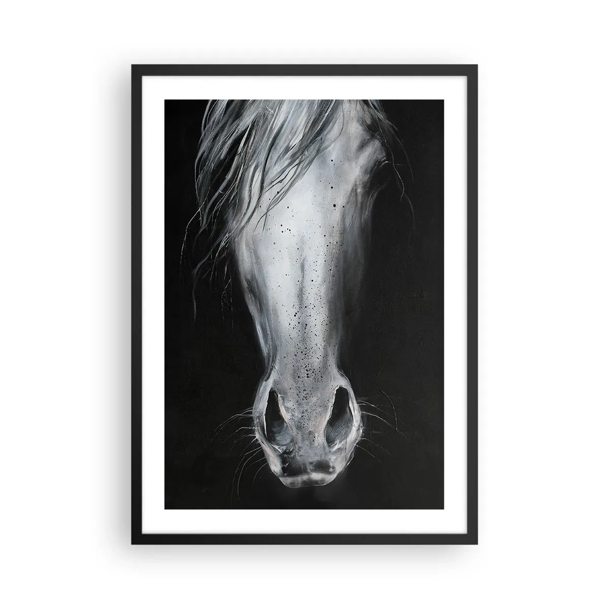 Poster in cornice nera - Primo piano del muso di un cavallo in bianco e nero - 50x70cm - Sguardo seducente - Decorazione murale moderna per soggiorno e camera da letto ARTTOR