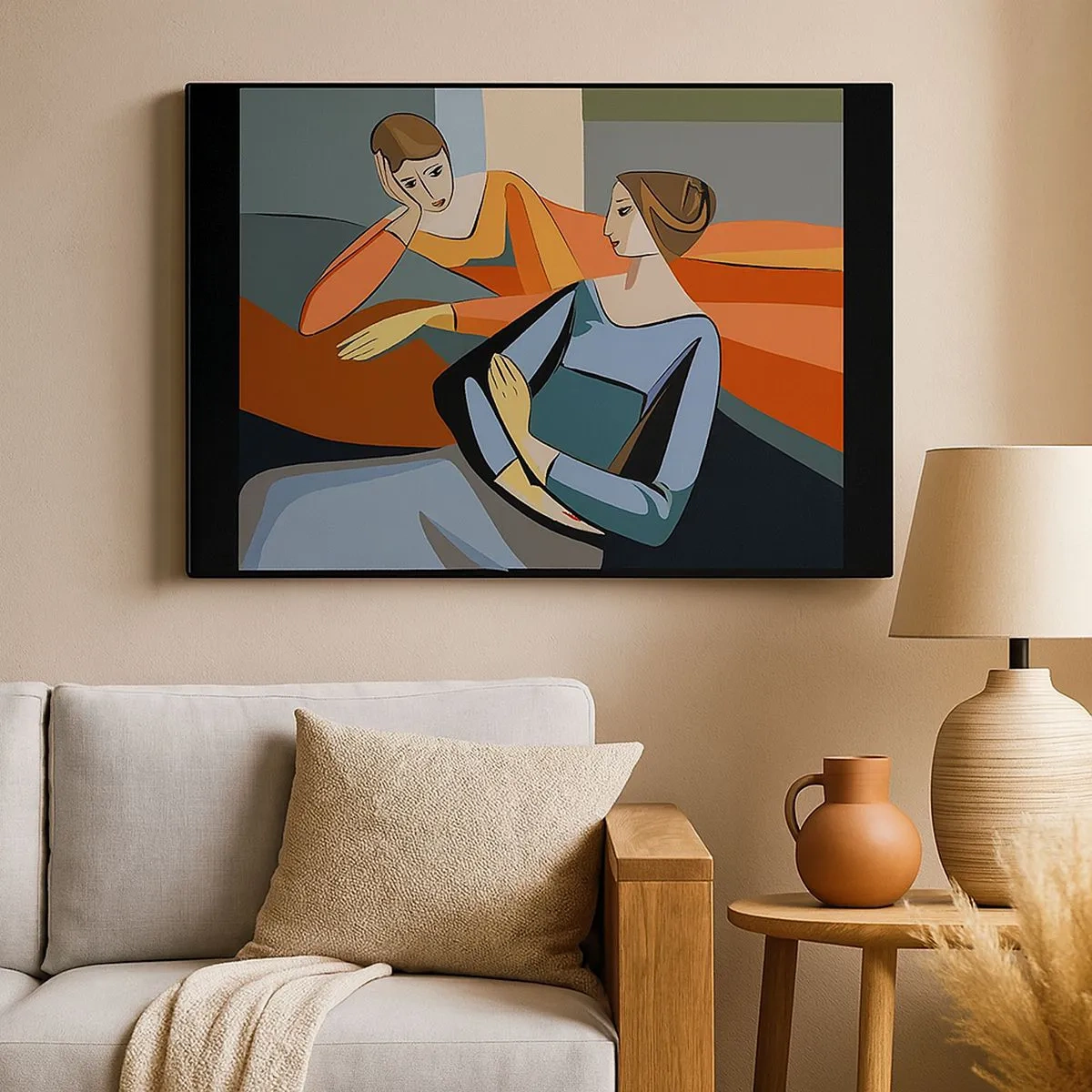 Quadro su tela - Stampe su Tela - Illustrazione astratta di due donne in stile cubista - 70x50cm - Il momento delle confidenze - Decorazione murale moderna per soggiorno e camera da letto ARTTOR
