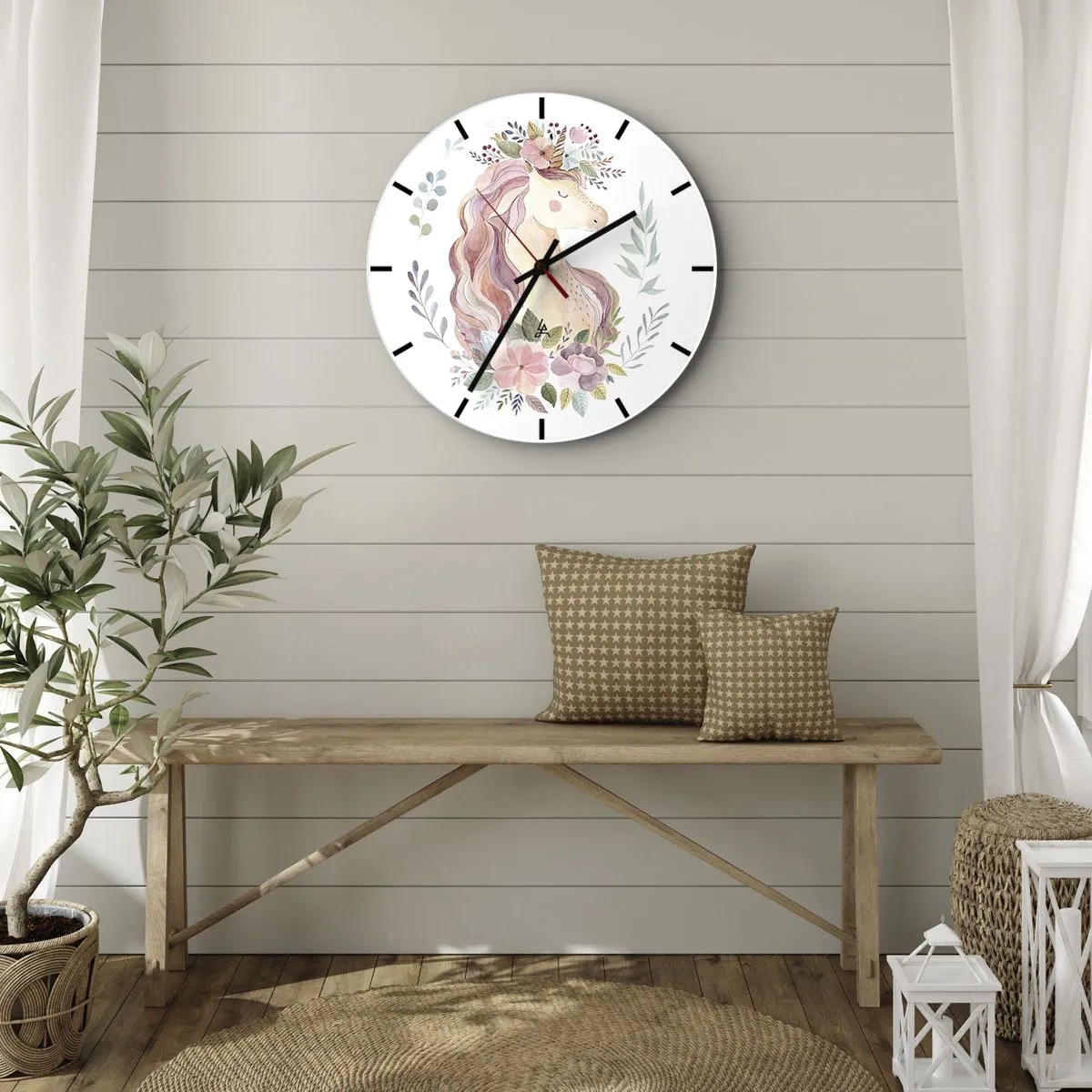 Orologio da parete - Orologio in Vetro - Testa di unicorno ad acquerello con corona di fiori - 30x30cm - Invito nel mondo delle favole - Decorazione murale moderna per soggiorno, cucina e camera da letto ARTTOR
