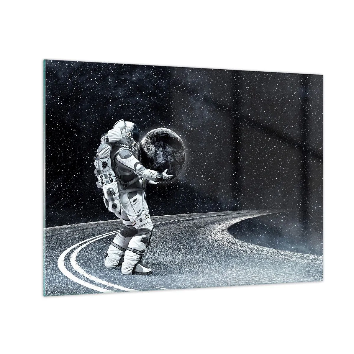 Quadro su vetro - Un astronauta che trasporta la Terra nel suo viaggio attraverso l'universo - 70x50cm - Sulla Via Lattea - Decorazione murale moderna per soggiorno e camera da letto ARTTOR