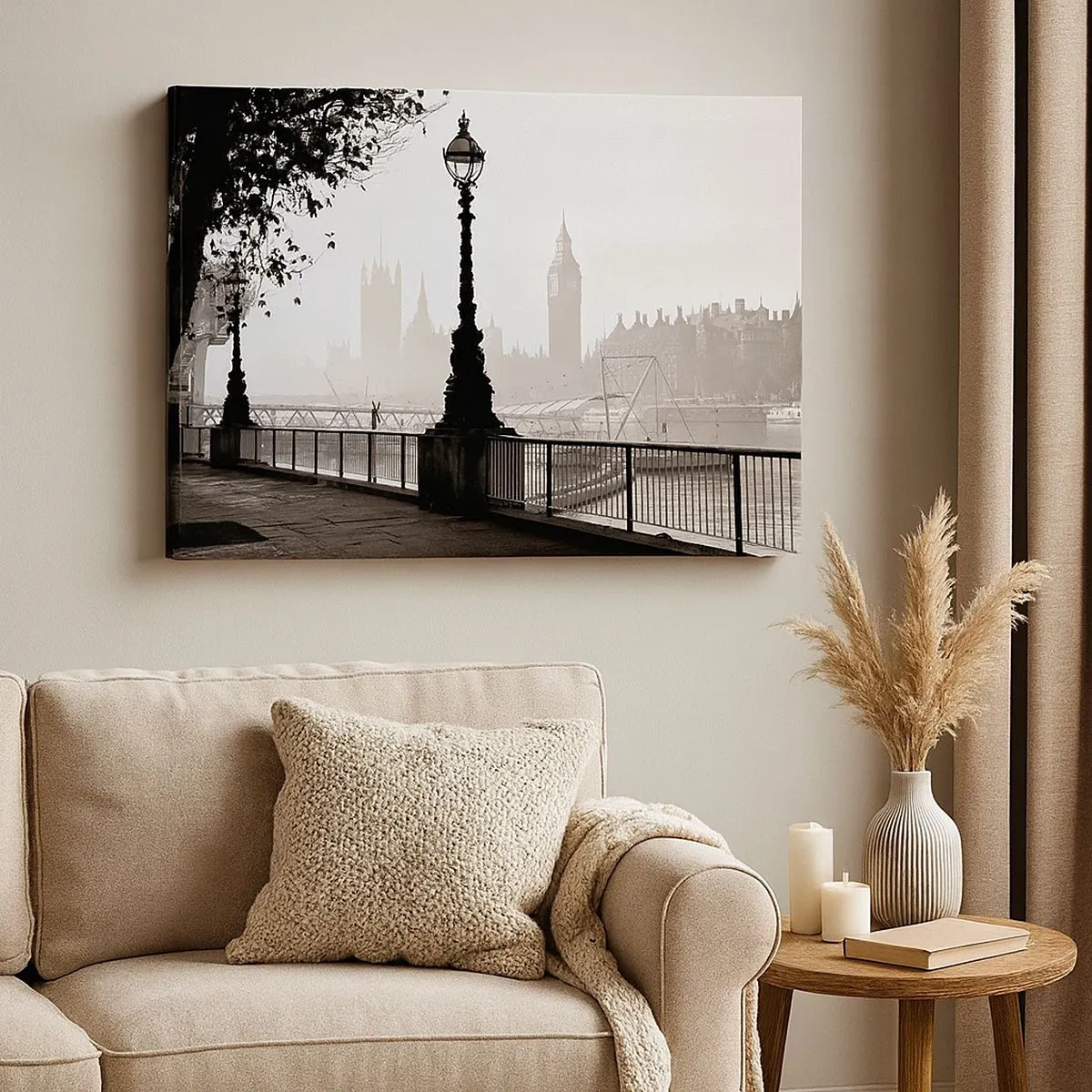 Quadro su tela - Stampe su Tela - Una vista monocromatica del Big Ben e del Tamigi. - 70x50cm - Un mattino a Londra - Decorazione murale moderna per soggiorno e camera da letto ARTTOR