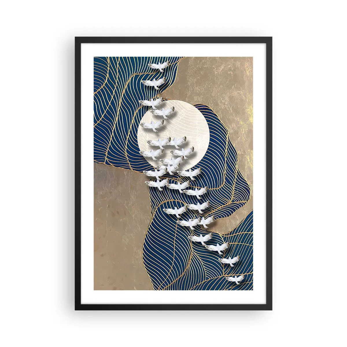 Poster in cornice nera - Composizione astratta con uccelli e luna nei toni dorati - 50x70cm - Libertà, viaggio, comunità - Decorazione murale moderna per soggiorno e camera da letto ARTTOR