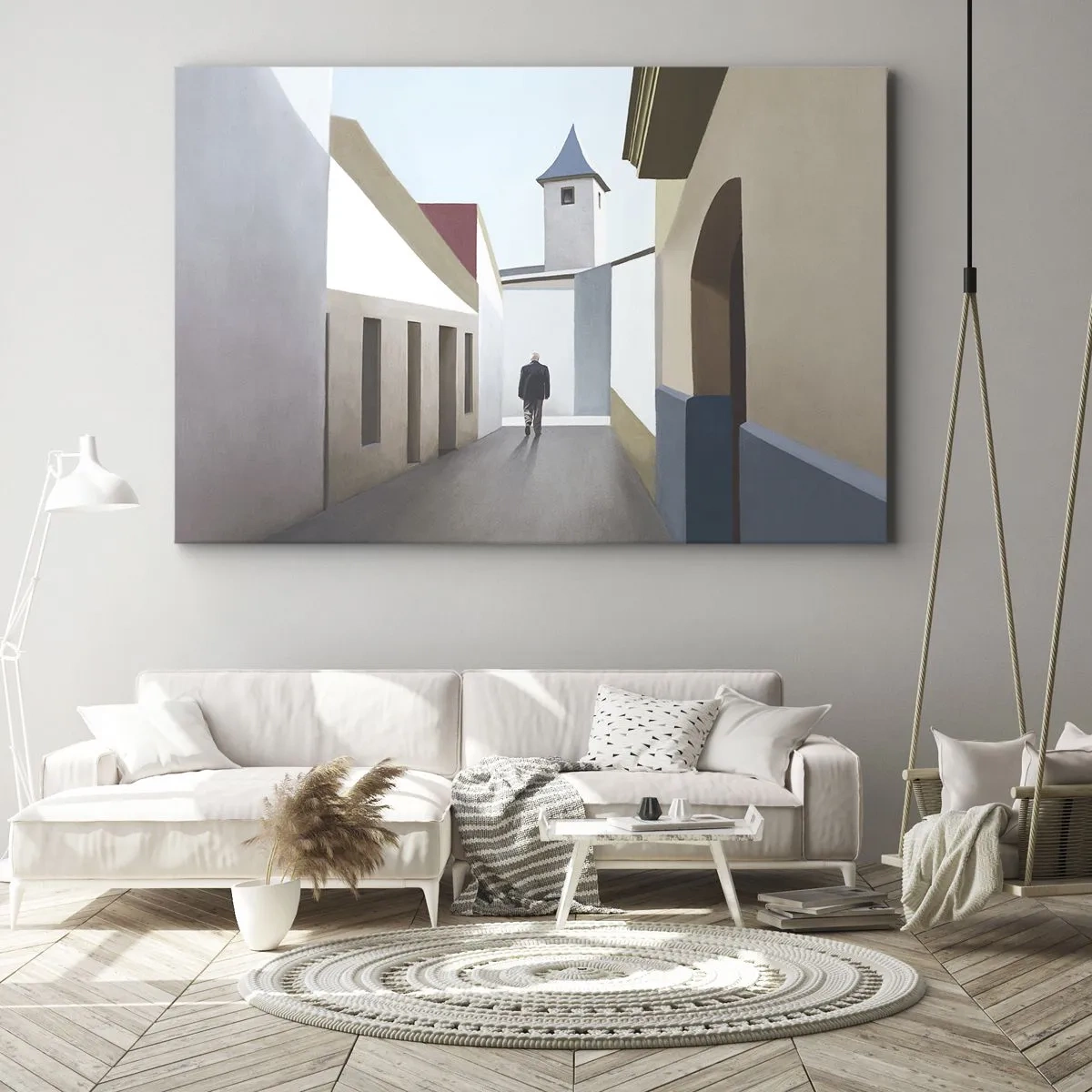 Quadro su tela - Stampe su Tela - Una strada minimalista con la sagoma di un uomo sullo sfondo - 70x50cm - Passeggiata assolata - Decorazione murale moderna per soggiorno e camera da letto ARTTOR
