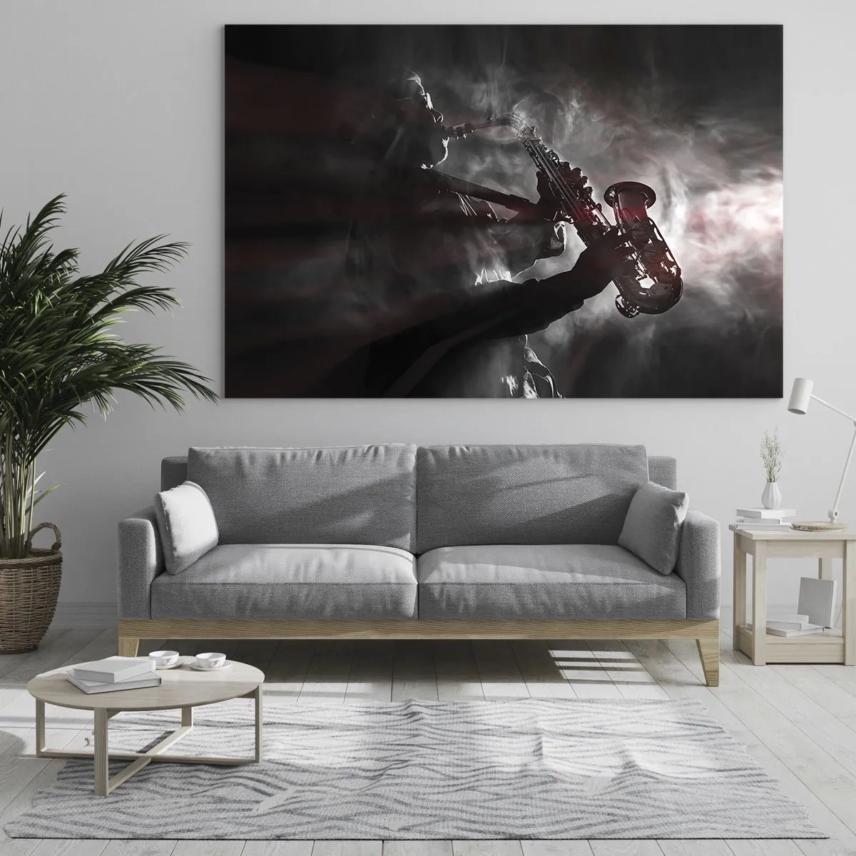 Quadro su vetro - Sassofonista in una nebbia di fumo in bianco e nero - 70x50cm - Nei fumi del jazz - Decorazione murale moderna per soggiorno e camera da letto ARTTOR