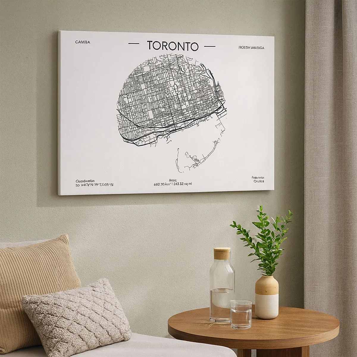Quadro su tela - Stampe su Tela - Una mappa di Toronto in stile minimalista in bianco e nero - 70x50cm - Anatomia di Toronto - Decorazione murale moderna per soggiorno e camera da letto ARTTOR