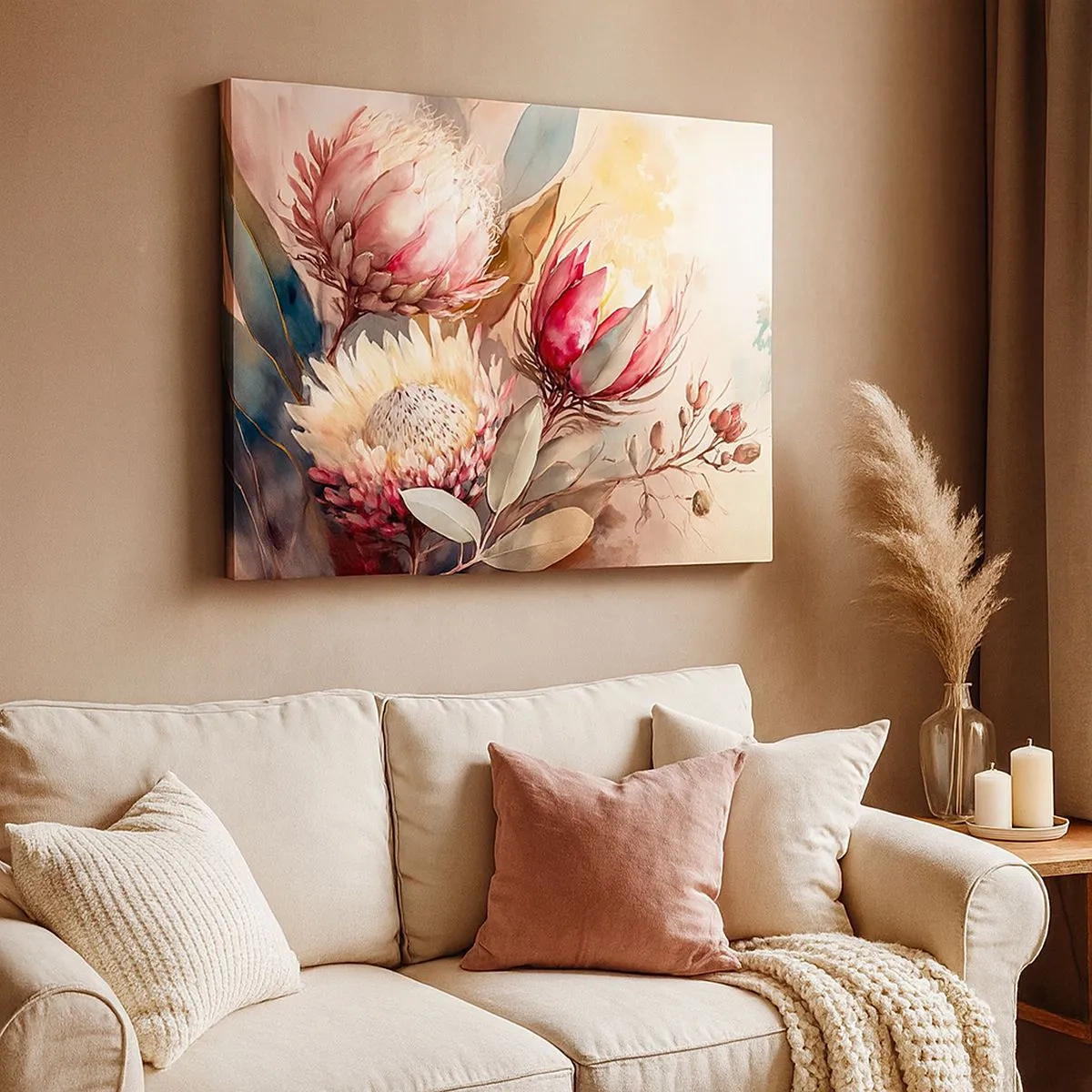 Quadro su tela - Stampe su Tela - Fiori di protea in delicate tonalità pastello - 70x50cm - Di profilo e di fronte - Decorazione murale moderna per soggiorno e camera da letto ARTTOR