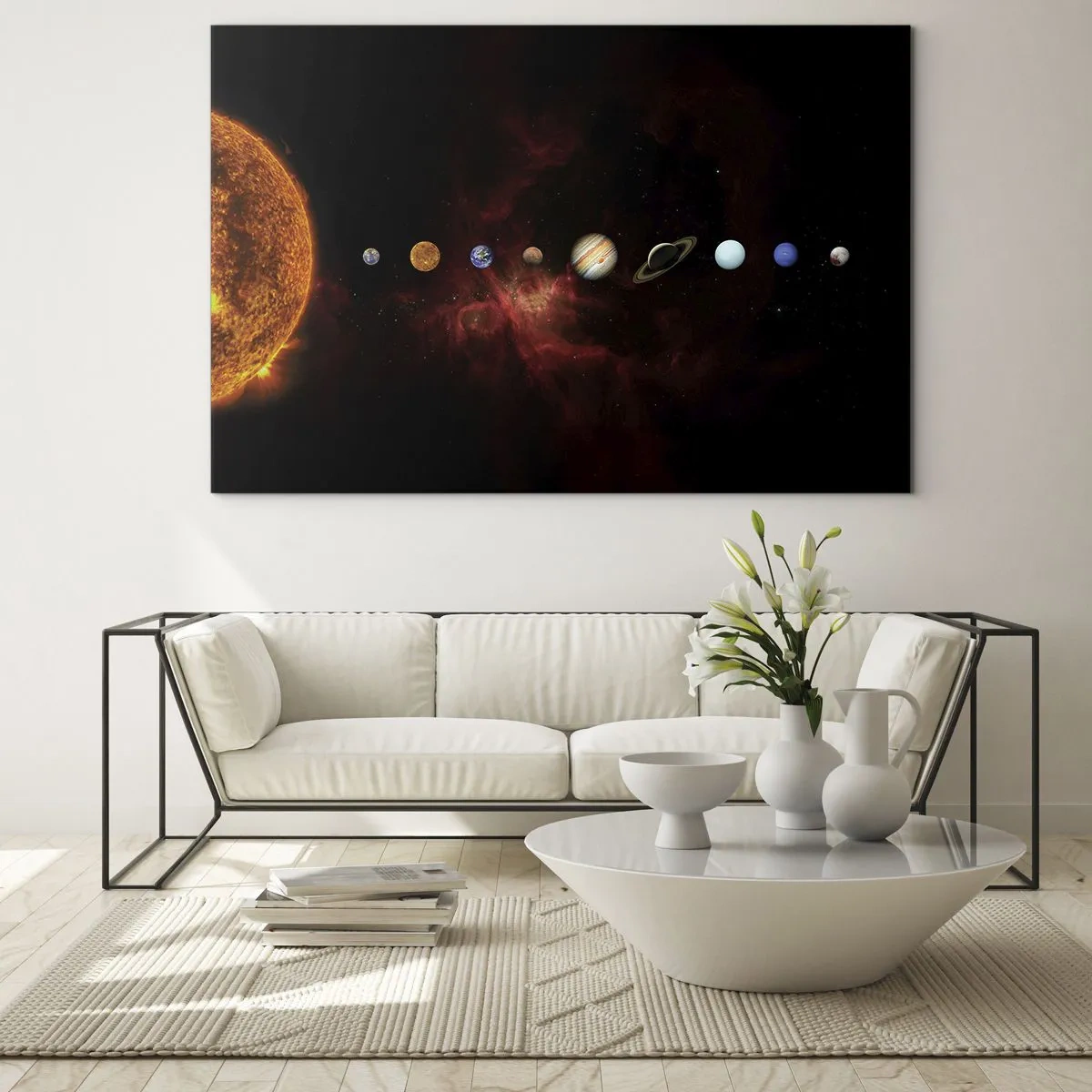 Quadro su vetro - Sistema planetario con il Sole su sfondo nero - 70x50cm - Il nostro vicinato - Decorazione murale moderna per soggiorno e camera da letto ARTTOR