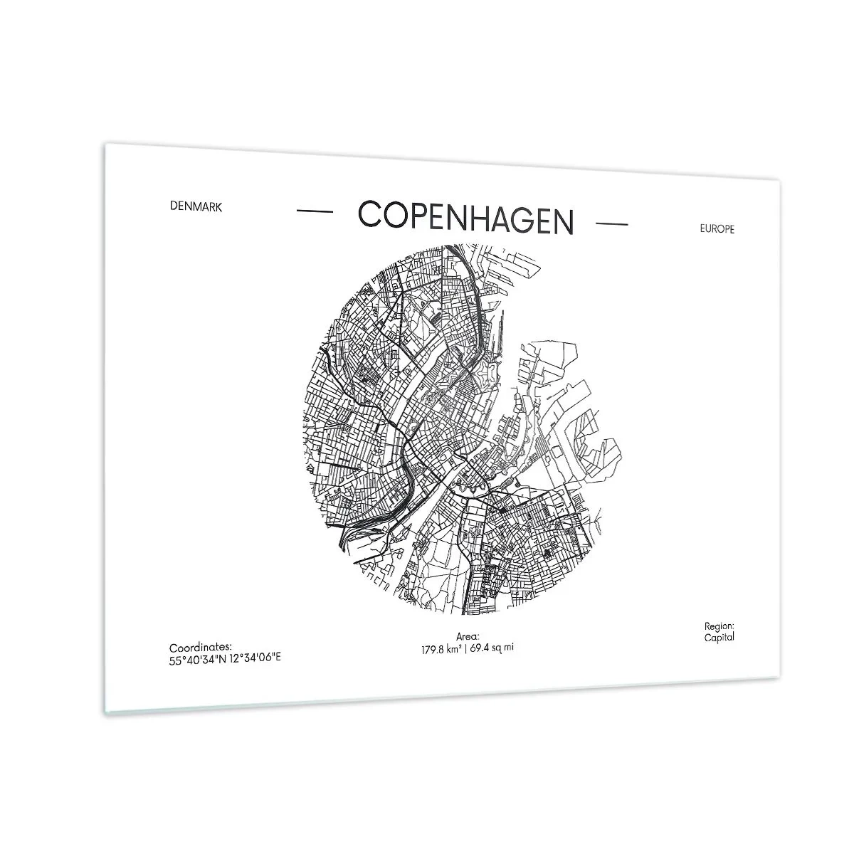 Quadro su vetro - Una mappa di Copenaghen sotto forma di schizzo grafico di una strada - 70x50cm - Anatomia di Copenaghen - Decorazione murale moderna per soggiorno e camera da letto ARTTOR