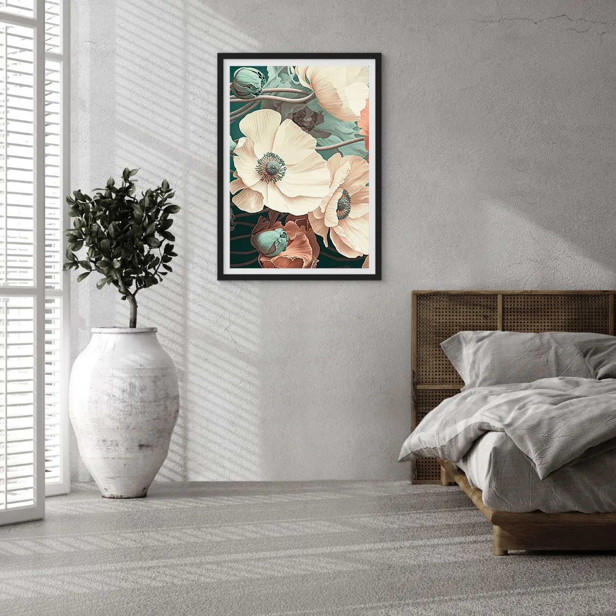 Poster in cornice nera - Delicati fiori in tonalità pastello su sfondo scuro - 50x70cm - Il sussurro dei papaveri - Decorazione murale moderna per soggiorno e camera da letto ARTTOR