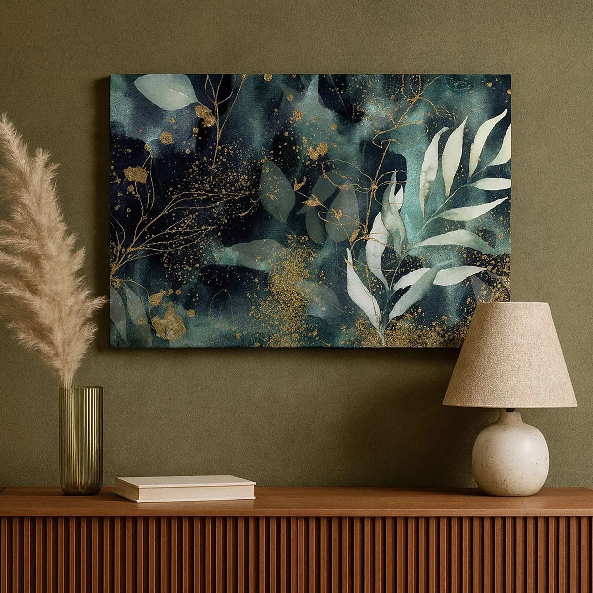 Quadro su tela - Stampe su Tela - Eleganti foglie su sfondo scuro con accenti dorati - 70x50cm - Il giardino incantato - Decorazione murale moderna per soggiorno e camera da letto ARTTOR