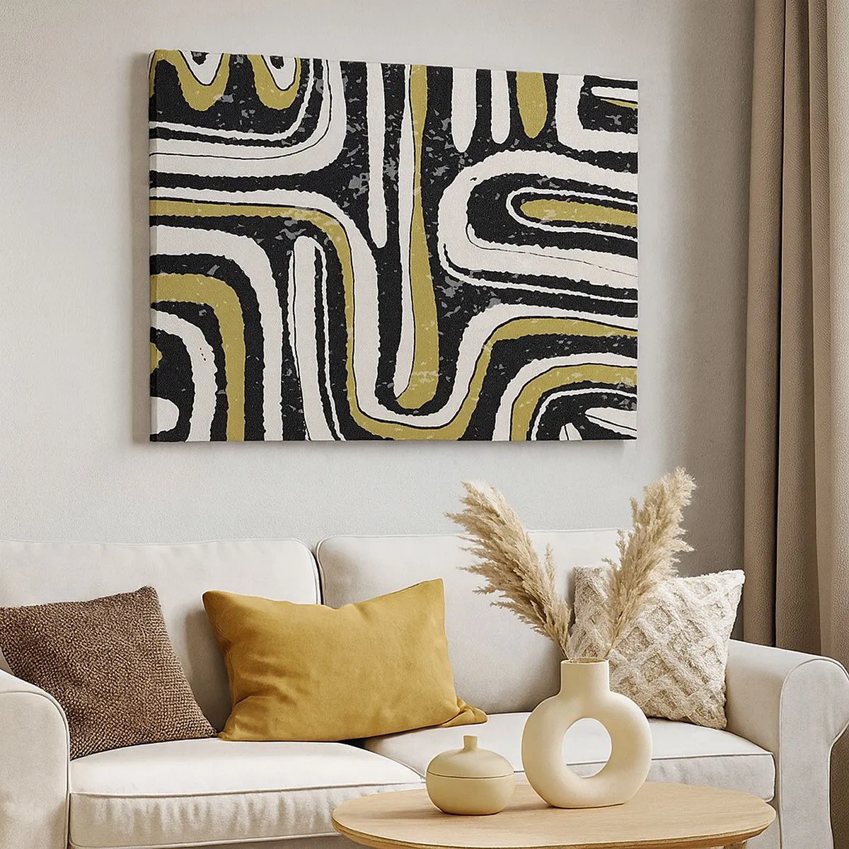 Quadro su tela - Stampe su Tela - Motivo astratto in nero, bianco e oro - 70x50cm - Composizione: strade e vicoli - Decorazione murale moderna per soggiorno e camera da letto ARTTOR