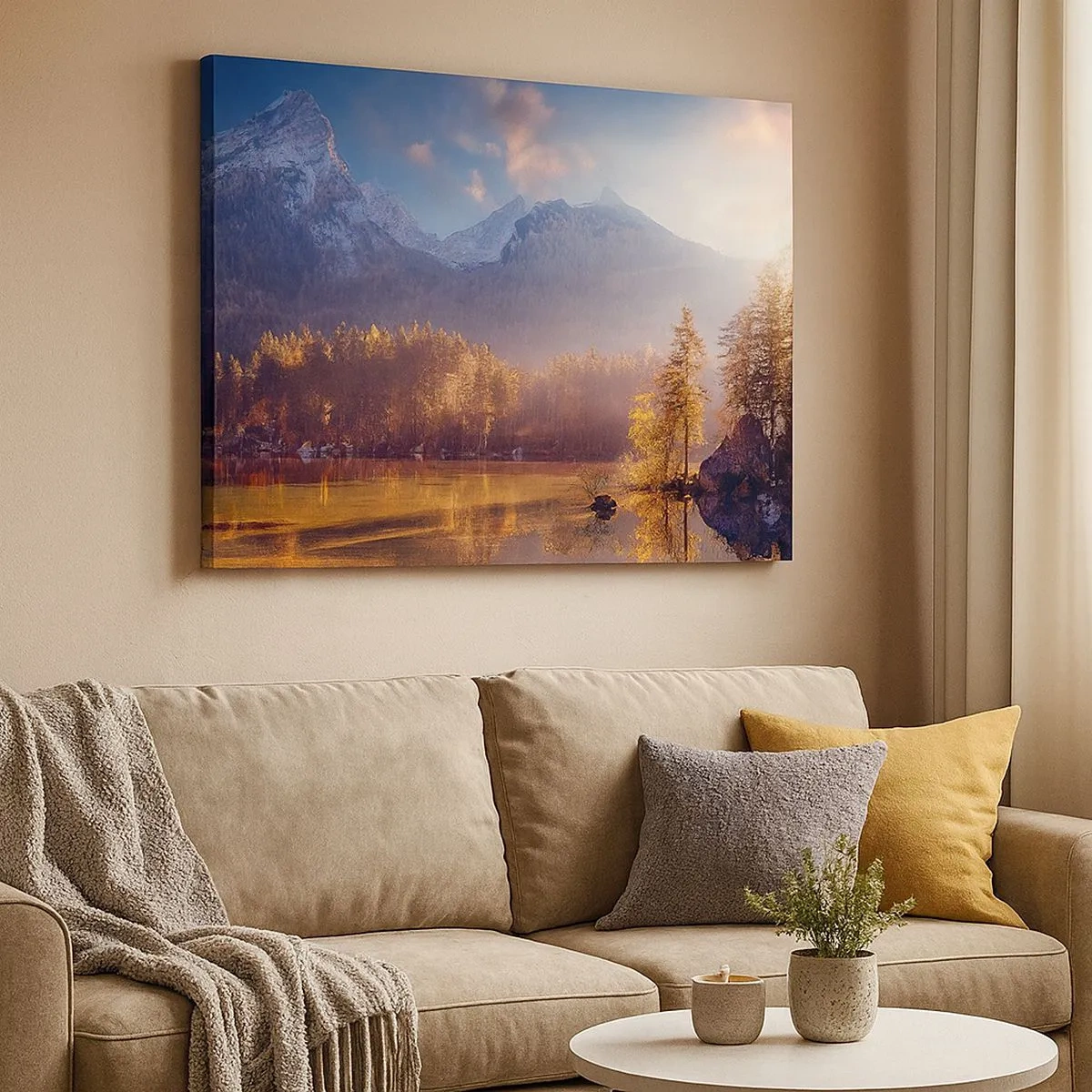 Quadro su tela - Stampe su Tela - Vista pittoresca della foresta di montagna e del lago all'alba - 70x50cm - Sui monti e nelle valli - Decorazione murale moderna per soggiorno e camera da letto ARTTOR