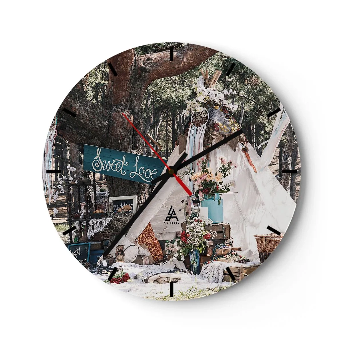 Orologio da parete - Orologio in Vetro - Decorazione romantica per matrimonio in un ambiente boschivo - 30x30cm - Make love... - Decorazione murale moderna per soggiorno, cucina e camera da letto ARTTOR