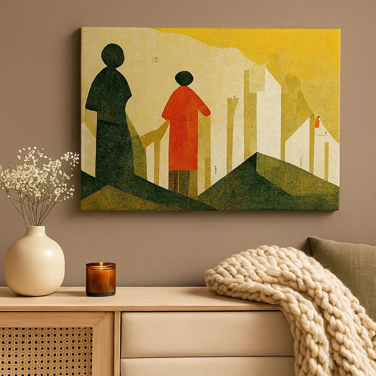 Quadro su tela - Stampe su Tela - Silhouette geometriche in rosso e verde su sfondo giallo - 70x50cm - La strada è ancora lunga - Decorazione murale moderna per soggiorno e camera da letto ARTTOR