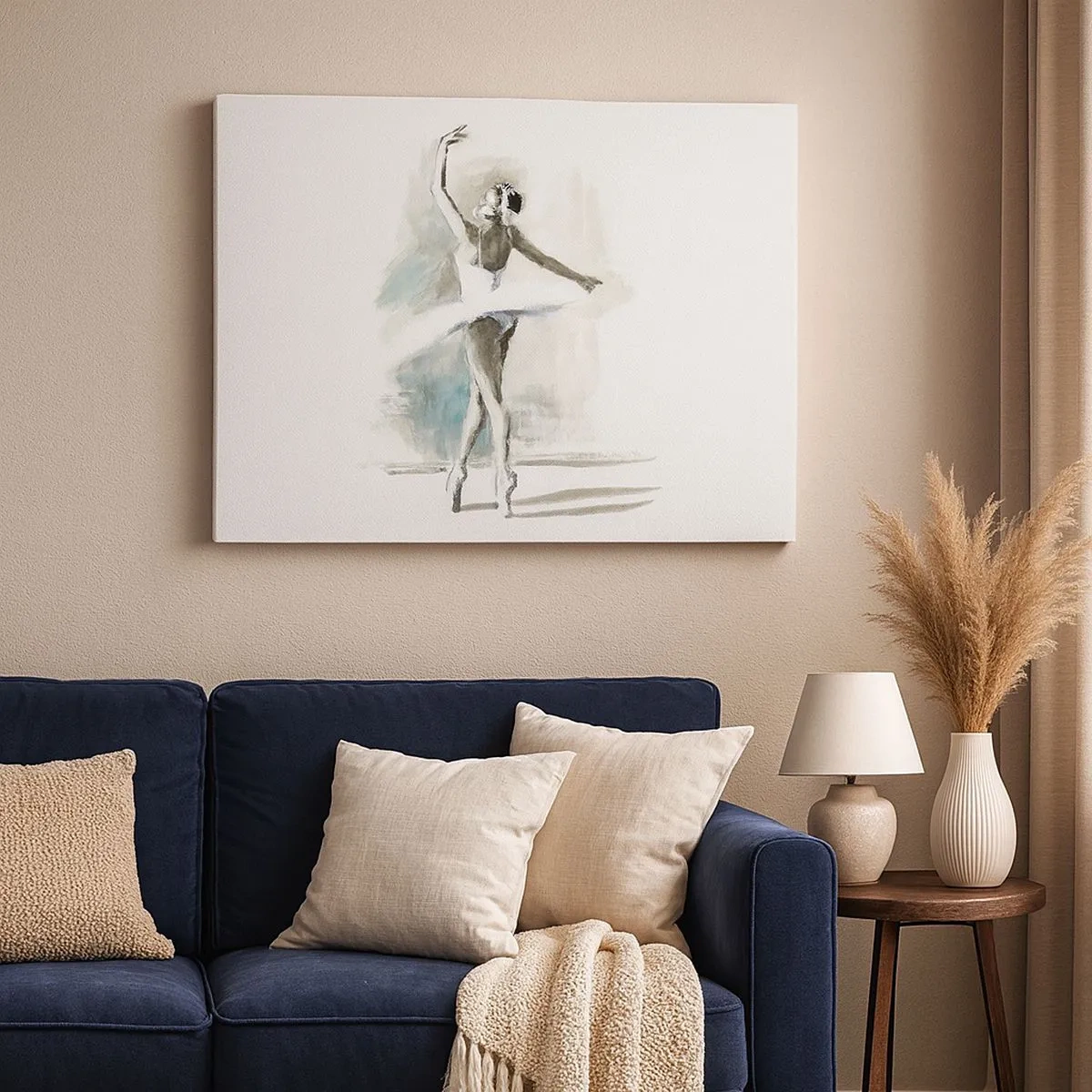 Quadro su tela - Stampe su Tela - Una ballerina in posa da balletto su uno sfondo dai delicati toni acquerellati. - 70x50cm - Tramutata in un cigno - Decorazione murale moderna per soggiorno e camera da letto ARTTOR