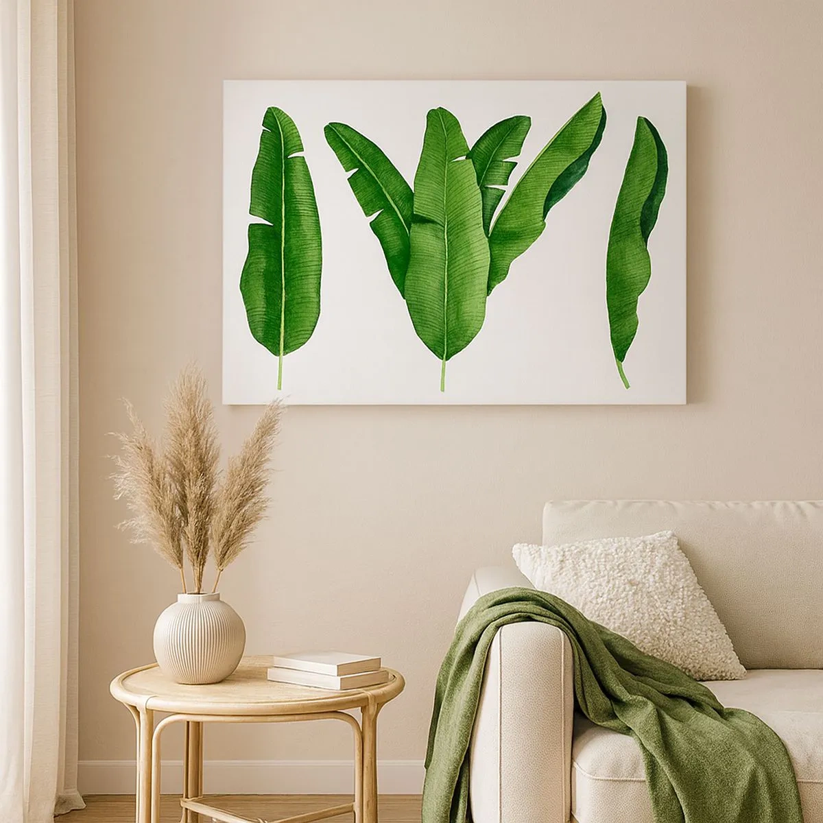 Quadro su tela - Stampe su Tela - Tre foglie di banano in un approccio artistico - 70x50cm - Simmetria verde - Decorazione murale moderna per soggiorno e camera da letto ARTTOR