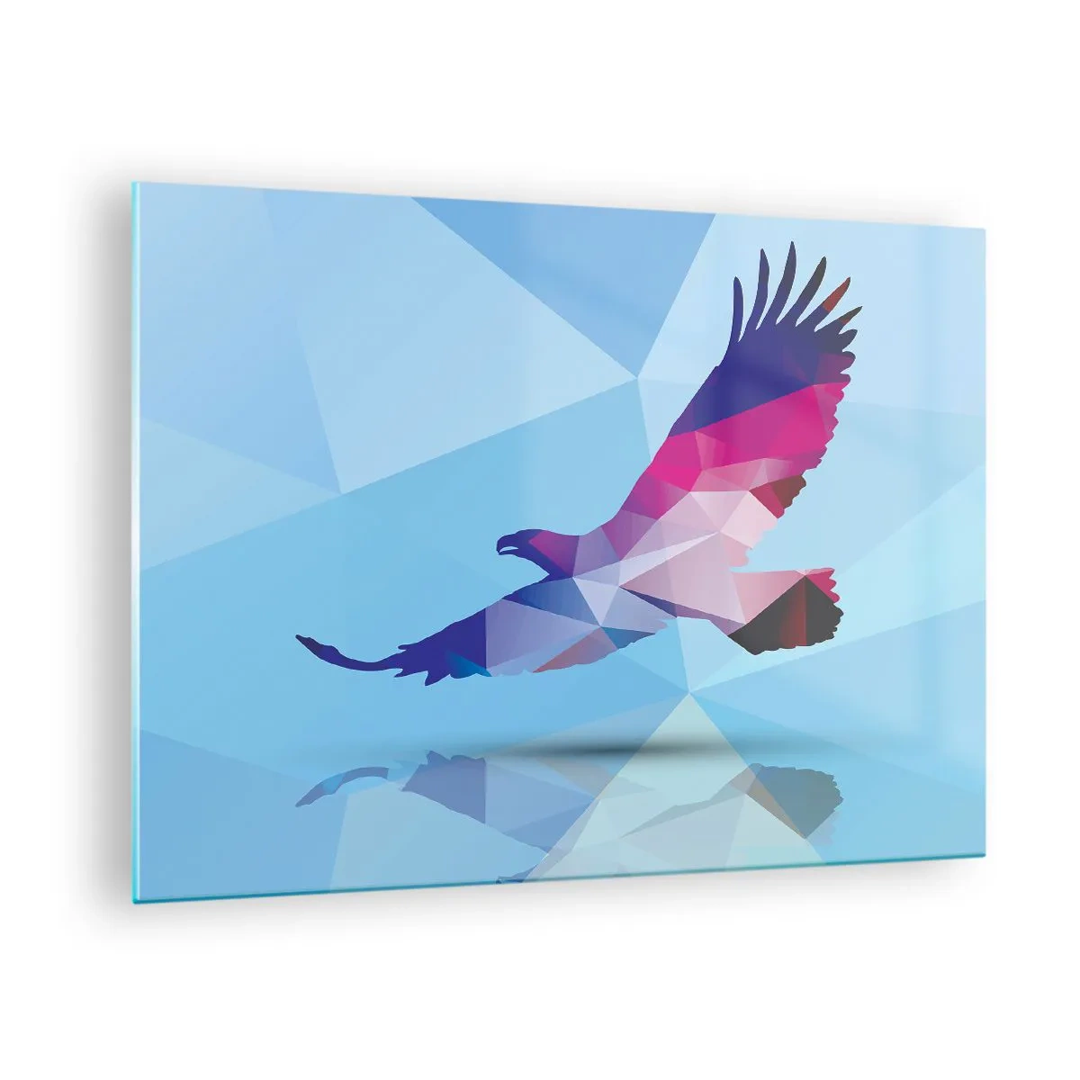 Quadro su vetro - Aquila geometrica su sfondo blu - 70x50cm - L'aquila nel cristallo lilla - Decorazione murale moderna per soggiorno e camera da letto ARTTOR