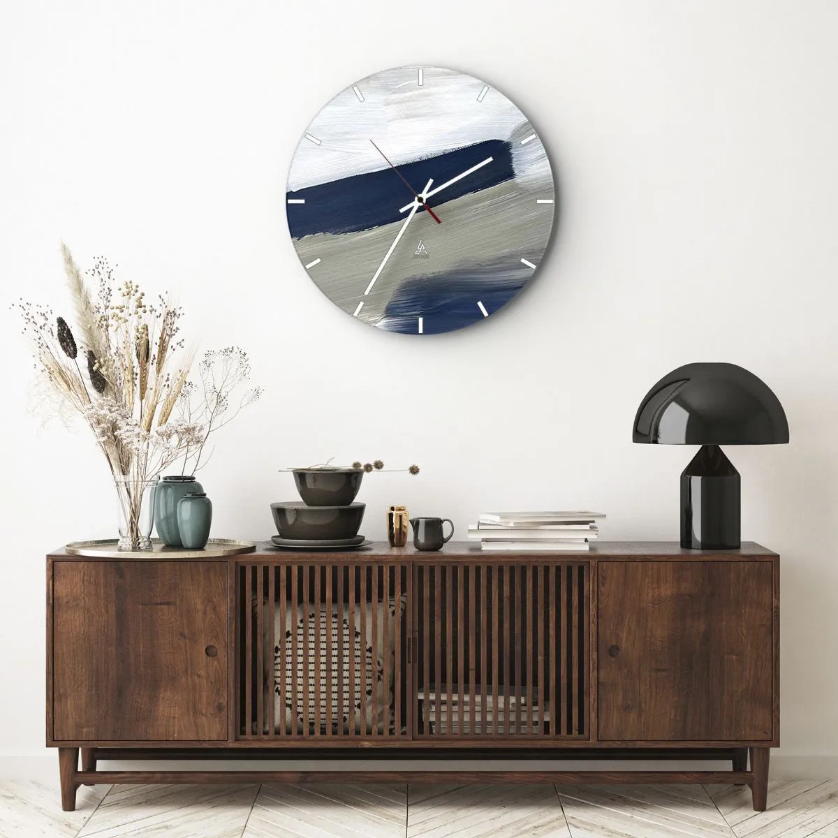 Orologio da parete - Orologio in Vetro - Pennellate astratte in bianco e blu navy - 30x30cm - Incontro con il bianco - Decorazione murale moderna per soggiorno, cucina e camera da letto ARTTOR