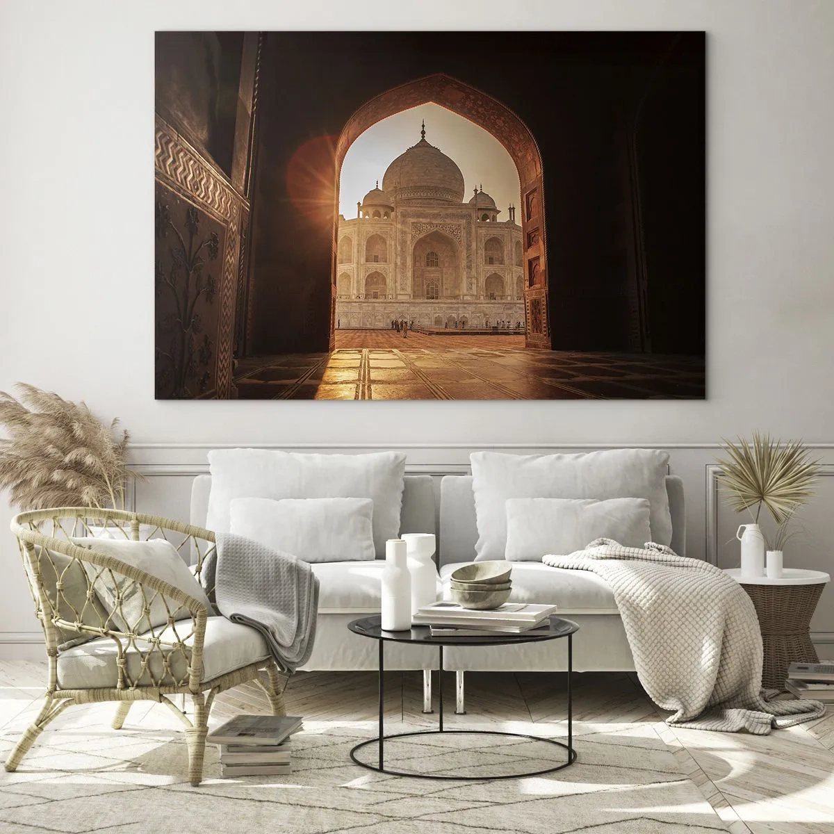 Quadro su vetro - Tramonto su un edificio monumentale visto attraverso un arco - 70x50cm - Monumento all'amore ultraterreno - Decorazione murale moderna per soggiorno e camera da letto ARTTOR