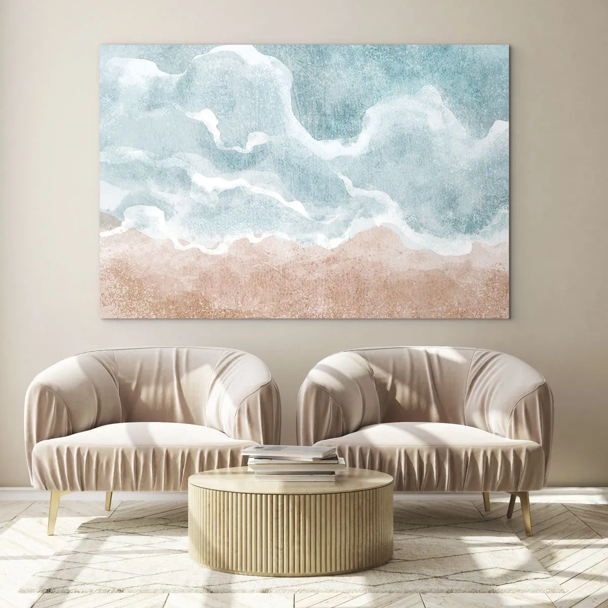 Quadro su vetro - Le onde pastello nei toni del blu e del beige creano un'astrazione nuvolosa. - 70x50cm - Astrazione nebulosa - Decorazione murale moderna per soggiorno e camera da letto ARTTOR