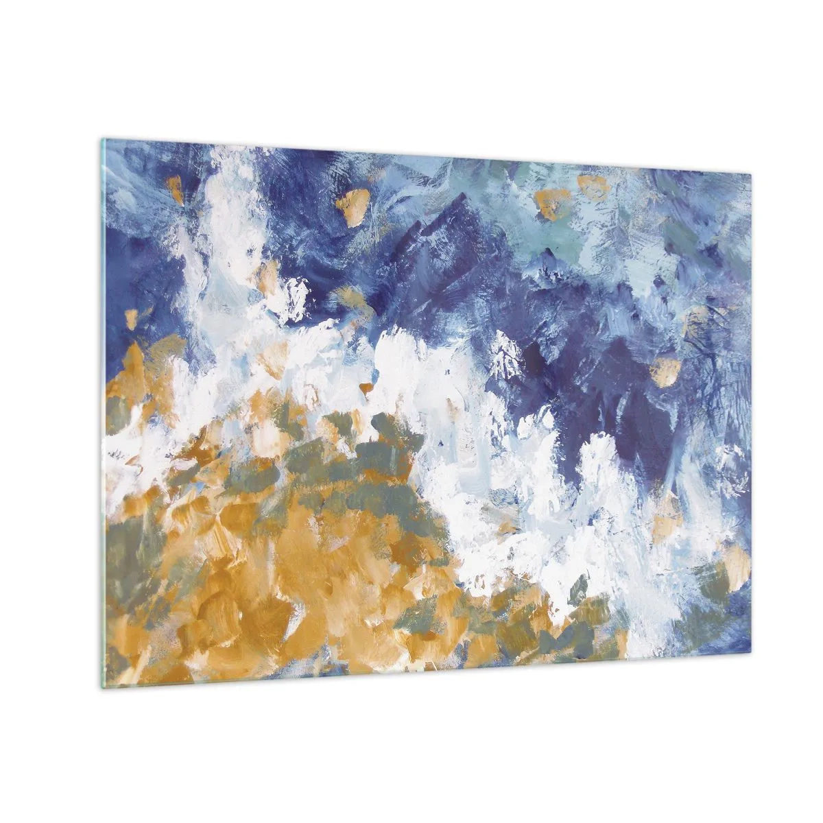 Quadro su vetro - Pennellate astratte in blu, bianco e oro - 70x50cm - La danza degli elementi - Decorazione murale moderna per soggiorno e camera da letto ARTTOR