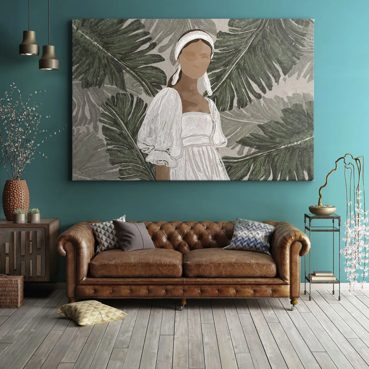 Quadro su tela - Stampe su Tela - Ritratto di una donna in abito bianco su uno sfondo di foglie di monstera - 70x50cm - Ritratto esotico - Decorazione murale moderna per soggiorno e camera da letto ARTTOR