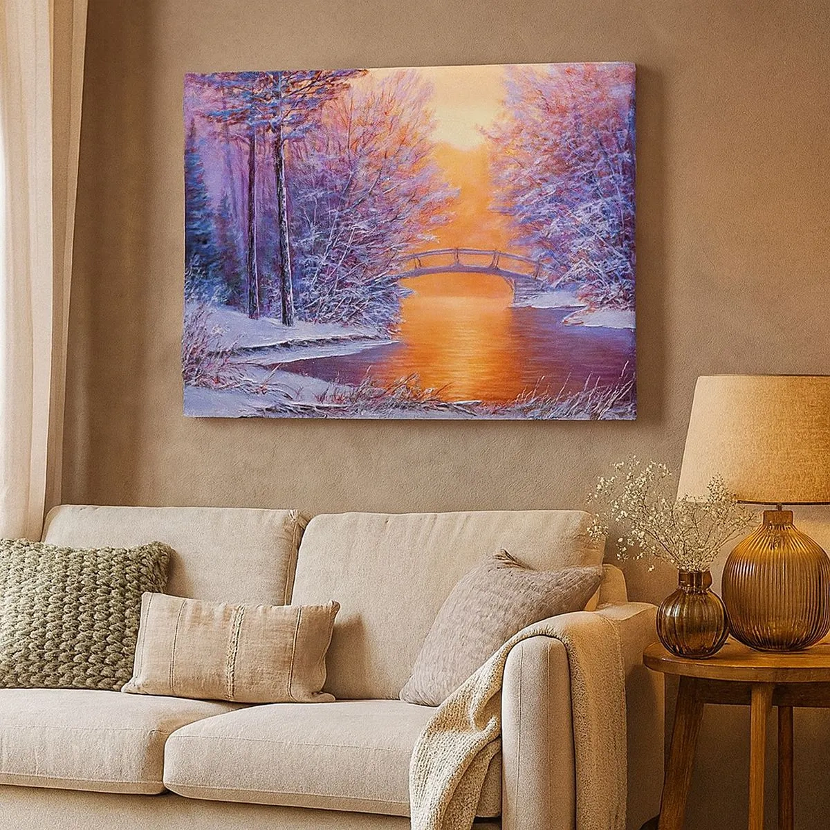 Quadro su tela - Stampe su Tela - Paesaggio invernale con ponte e tramonto - 70x50cm - Incontriamoci qui - Decorazione murale moderna per soggiorno e camera da letto ARTTOR