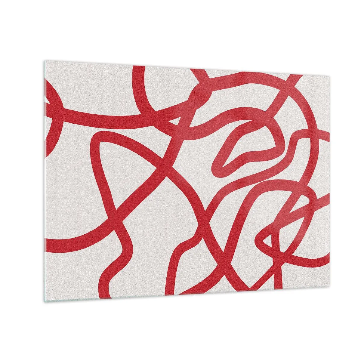 Quadro su vetro - Linee rosse che turbinano dinamicamente su uno sfondo bianco - 70x50cm - Rosso su bianco - Decorazione murale moderna per soggiorno e camera da letto ARTTOR