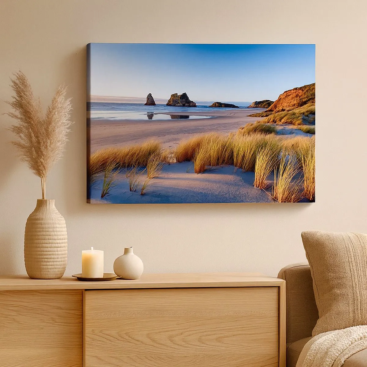 Quadro su tela - Stampe su Tela - Una spiaggia pittoresca con vista sulle rocce e sul mare al tramonto - 70x50cm - Per i cercatori di pace - Decorazione murale moderna per soggiorno e camera da letto ARTTOR