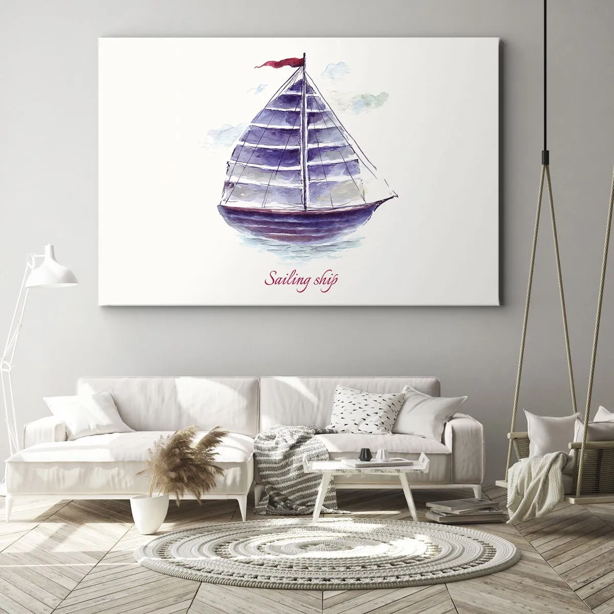 Quadro su tela - Stampe su Tela - Un dipinto ad acquerello di una barca a vela sull'acqua con una delicata iscrizione - 70x50cm - Gonfie vele e mare calmo - Decorazione murale moderna per soggiorno e camera da letto ARTTOR