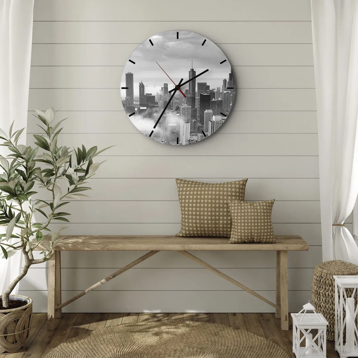 Orologio da parete - Orologio in Vetro - Panorama della città in bianco e nero con grattacieli e nebbia - 30x30cm - Paesaggio americano - Decorazione murale moderna per soggiorno, cucina e camera da letto ARTTOR