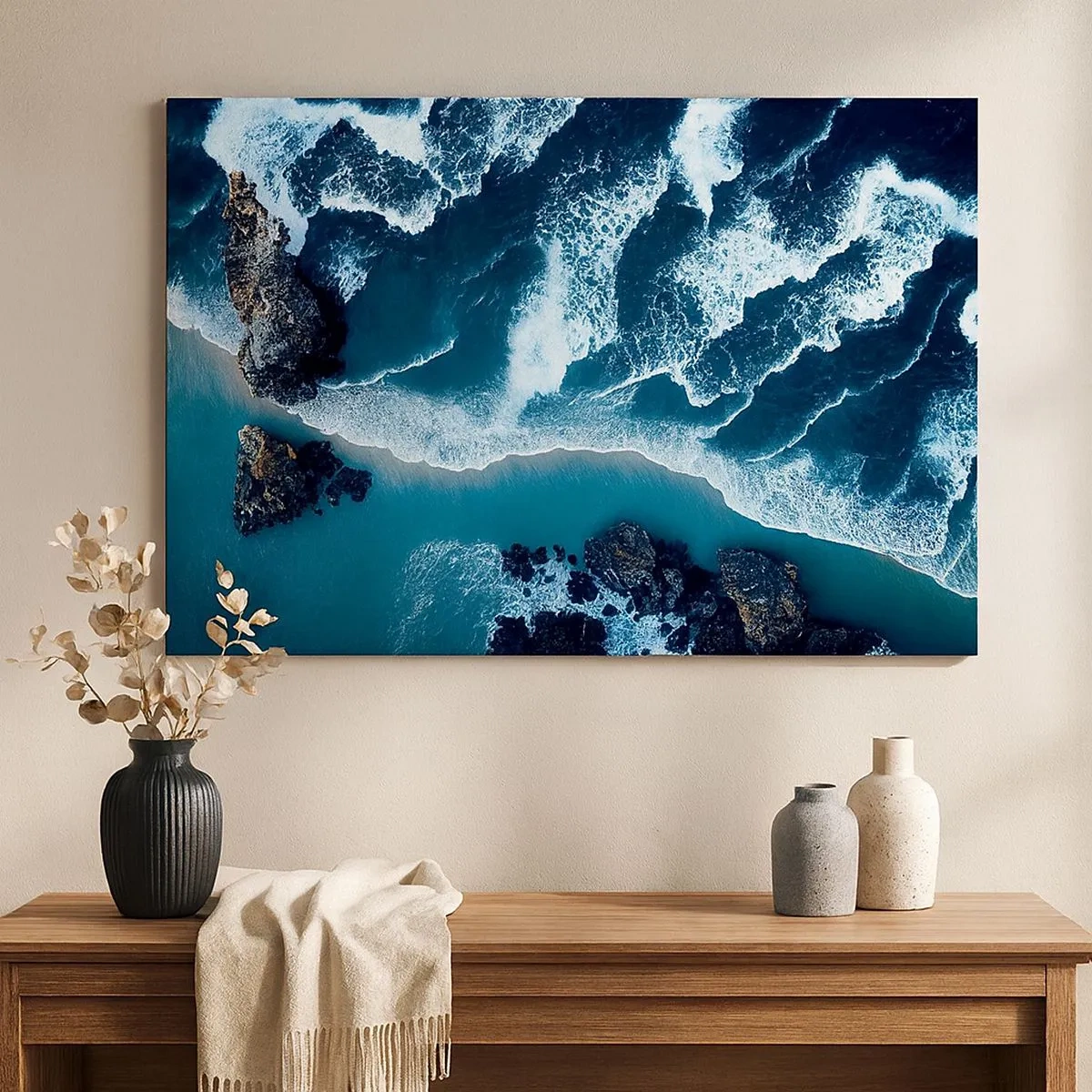 Quadro su tela - Stampe su Tela - Vista aerea delle onde che si infrangono sulla riva - 70x50cm - Avvolte dalle onde - Decorazione murale moderna per soggiorno e camera da letto ARTTOR