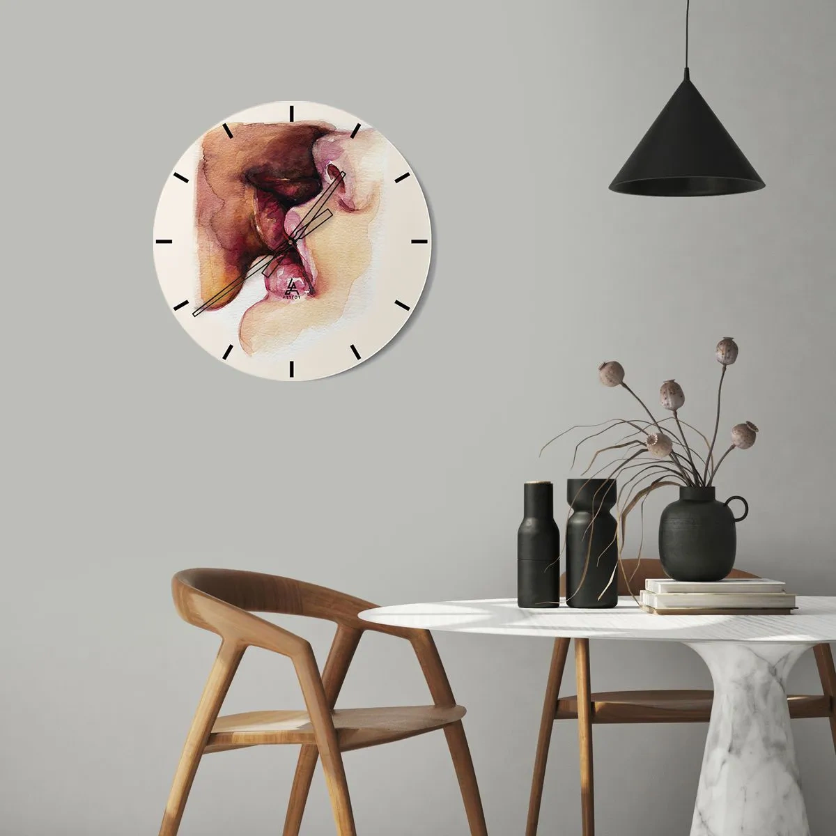 Orologio da parete - Orologio in Vetro - Un bacio di due volti in stile acquerello - 30x30cm - Come notte e giorno, terra e cielo - Decorazione murale moderna per soggiorno, cucina e camera da letto ARTTOR
