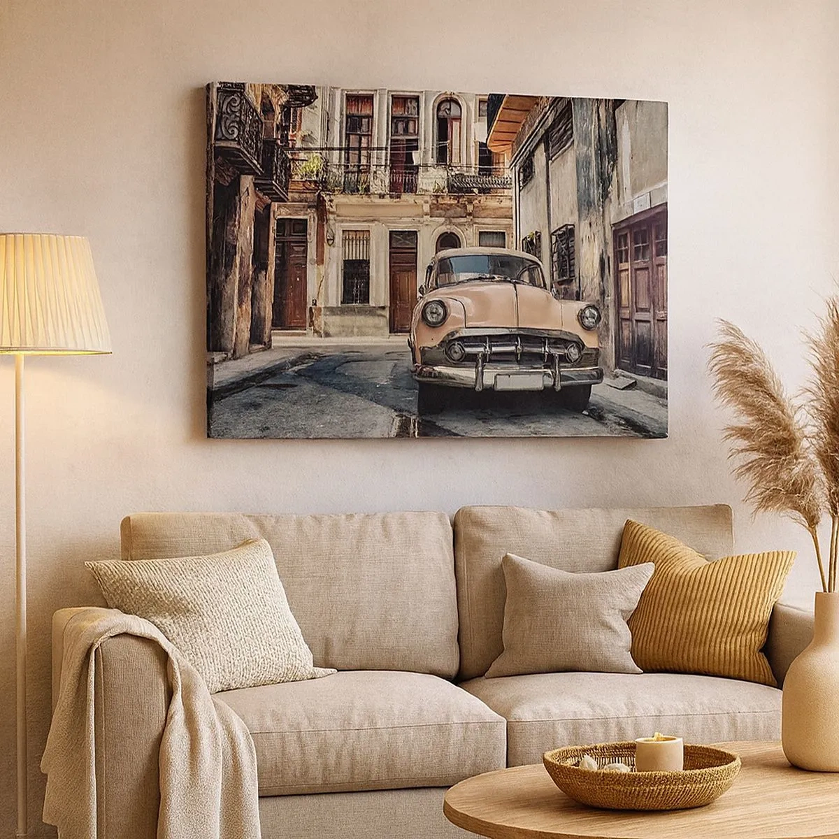 Quadro su tela - Stampe su Tela - Un'auto d'epoca sullo sfondo dell'architettura urbana - 70x50cm - Siesta all'Avana - Decorazione murale moderna per soggiorno e camera da letto ARTTOR