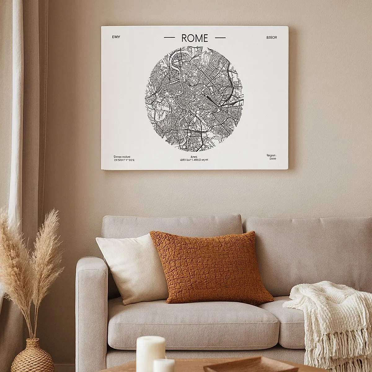 Quadro su tela - Stampe su Tela - Una mappa di Roma in stile minimalista, in bianco e nero - 70x50cm - Anatomia di Roma - Decorazione murale moderna per soggiorno e camera da letto ARTTOR