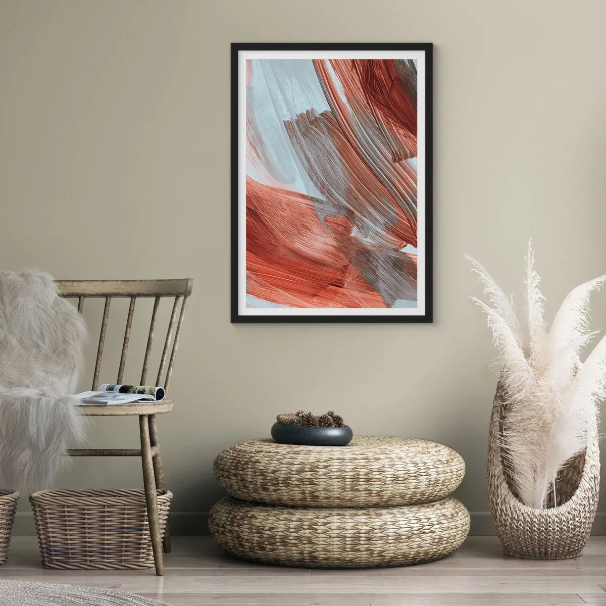 Poster in cornice nera - Pennellate dinamiche in toni caldi - 50x70cm - Astrazione autunnale e ventosa - Decorazione murale moderna per soggiorno e camera da letto ARTTOR