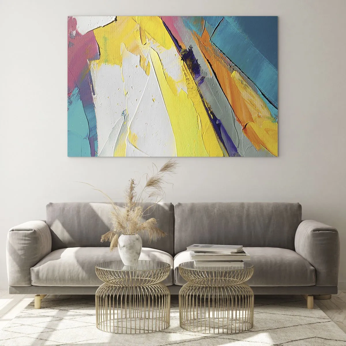 Quadro su vetro - Pennellate astratte in giallo, blu e bianco - 70x50cm - Anatomia della luce - Decorazione murale moderna per soggiorno e camera da letto ARTTOR