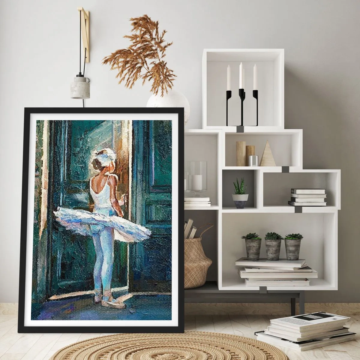 Poster in cornice nera - Ballerina alla luce di una porta in stile impressionista - 50x70cm - Prima dello spettacolo - Decorazione murale moderna per soggiorno e camera da letto ARTTOR