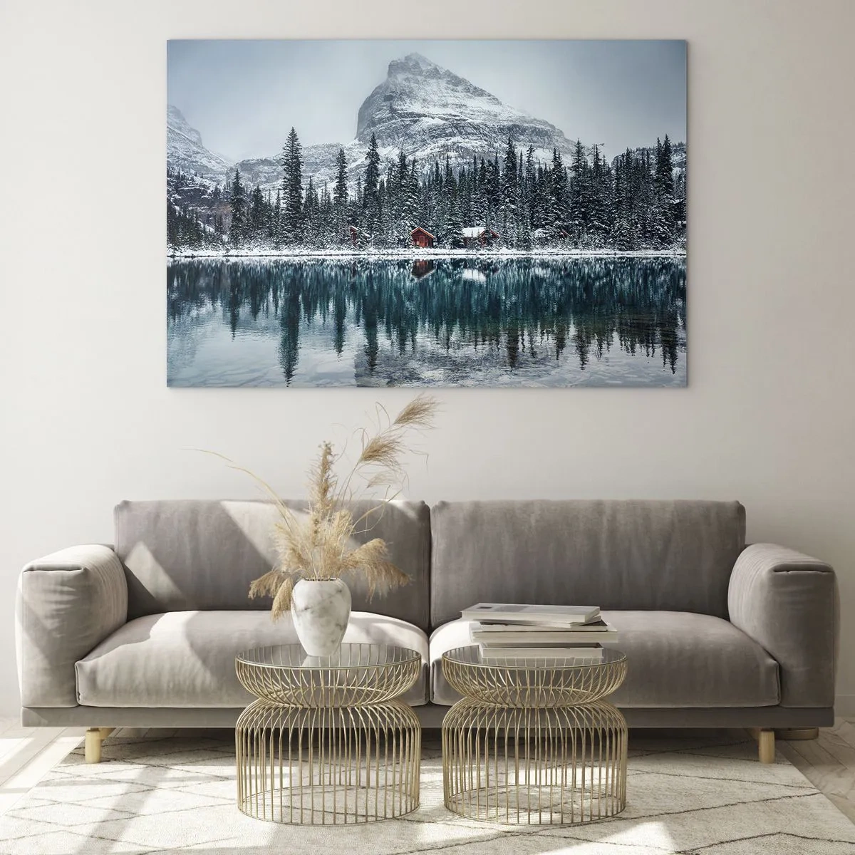 Quadro su vetro - Paesaggio invernale con montagne, foreste e cottage sul lago - 70x50cm - Rifugio canadese - Decorazione murale moderna per soggiorno e camera da letto ARTTOR